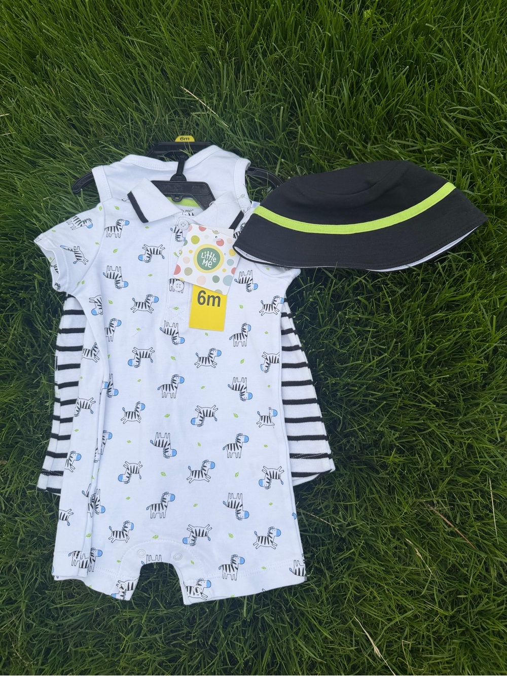 Little Me White Zebra Print Romper Set with Black Hat and Striped Onesie